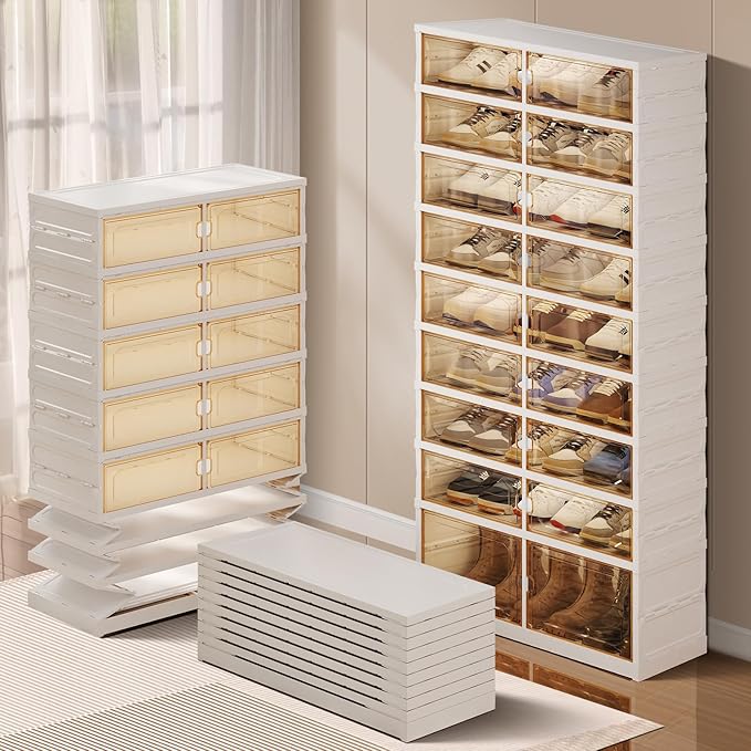 9-Tier Foldable Shoe Rack Organizer for Closet, 27 Pairs Collapsible Plastic Shoe Shelf, Large Shoes Cabinet with Door, Clear Stackable Storage Box Easy Assembly White