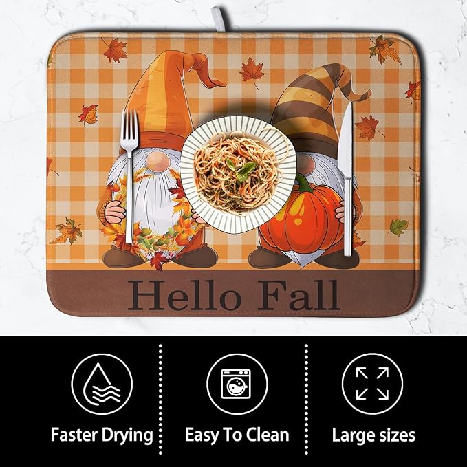 Hello Fall Autumn Gnomes Dish Drying Mat 16x18 Thanksgiving Pumpkin Maple Leaves Harvest Kitchen Drying Mat Orange White Buffalo Plaid Dish Drainer Mat Ultra Absorbent Dish Rack Pad for Coffee Bar