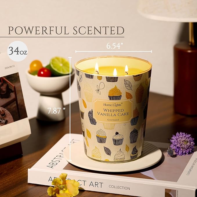 HomeLights Scented Candles | Large Jar 34 Oz Natural Soy Candle | 130 hrs Long-Lasting with 3 Wicks | Rustic Modern for Home Decor | Gifts for Mom & Women, Whipped Vanilla Cake