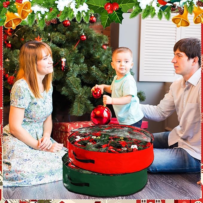 Aliceset 4 Pack Wreath Storage Containers, Christmas Ornament Garland Wreath Storage Bags with Handle Dual Zipper Large Decorative Storages Box for Winter Wreaths(24 x 24 x 7.8 Inch,Red, Green)