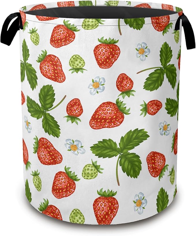 Strawberry Laundry Hamper,Collapsible Laundry Baskets,Flowers Leaf Dirty Clothes Baskets with Handles,Oxford Cloth Hamper for Bedroom,Bathroom,College Dorms, 16"x20"