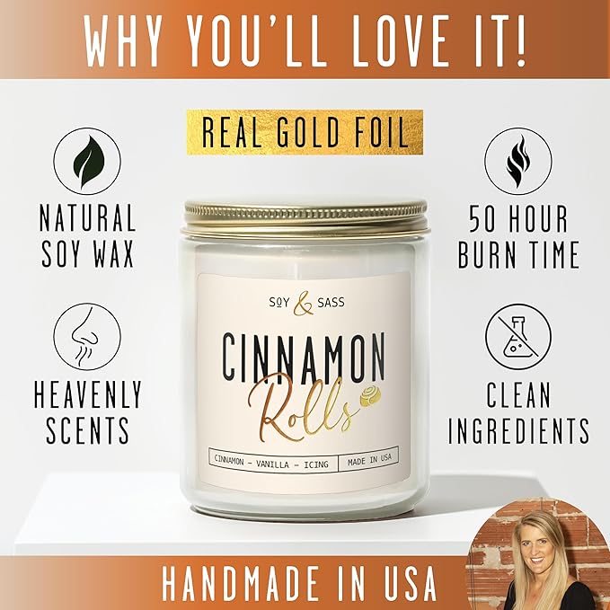 Cinnamon Candle, Fall Candles, Christmas Candles - 'Cinnamon Rolls' Autumn Scented Soy Candle for Home, 9oz Reusable Jar, 50Hr Burn, Made in USA
