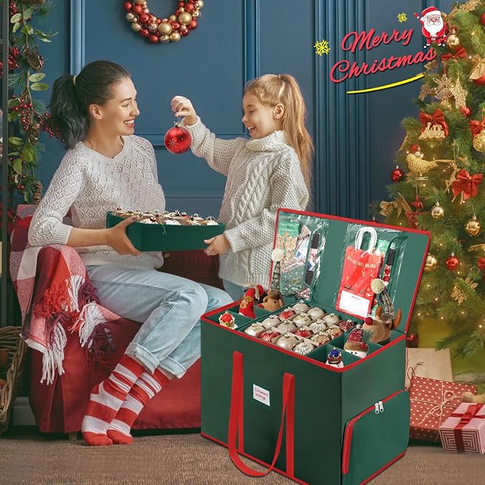 Premium 2-in-1 Large Christmas Ornament Storage Box & Xmas Figurine Container, Nutcracker Storage with Adjustable Dividers,5 Separate Trays Keep 73 Holiday Ornaments, 600D Tear-Proof Oxford, Foldable