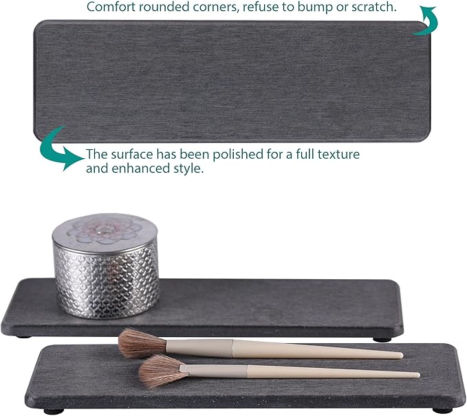 NiuYichee 2 Pcs Water Absorbing Stone Trays, Kitchen/Bathroom Sink Soap Dish, Diatomite Tray Used for Hand Soap & Cosmetic Bottles in The Modern Home, 3.15" W x 10.2" L, Dark Gray