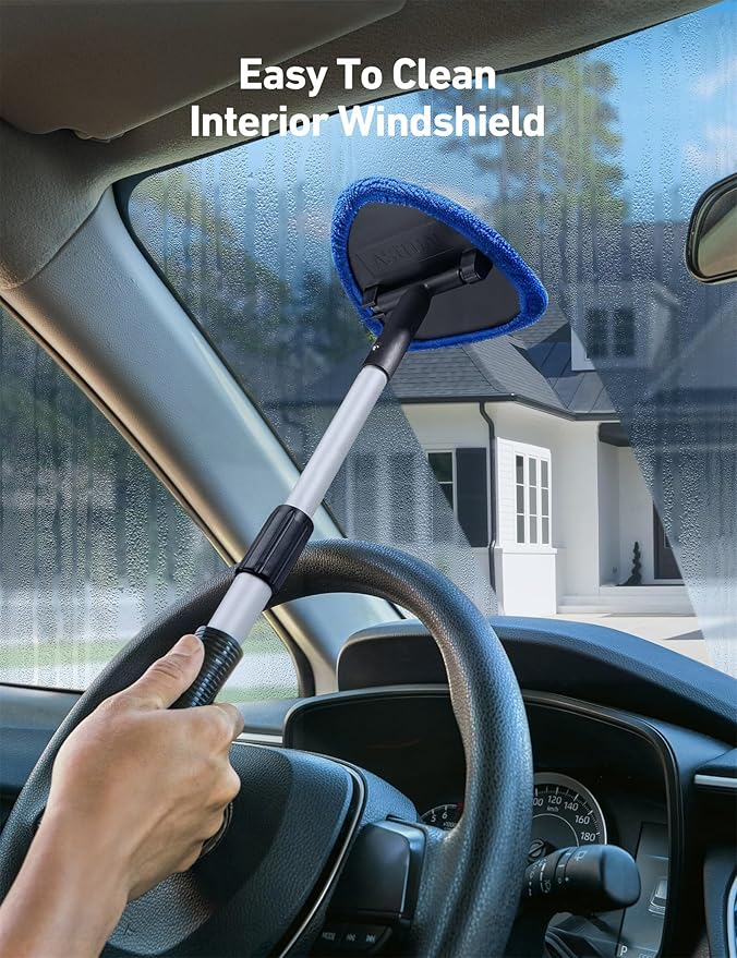 AstroAI Windshield Cleaner Tool, Car Interior Detailing Cleaning Kit with Extendable Handle and 4 Upgraded High-Density Reusable Microfiber Pads, Auto Glass Wiper Brush Kit for Cars, Blue, 15.9in-21in