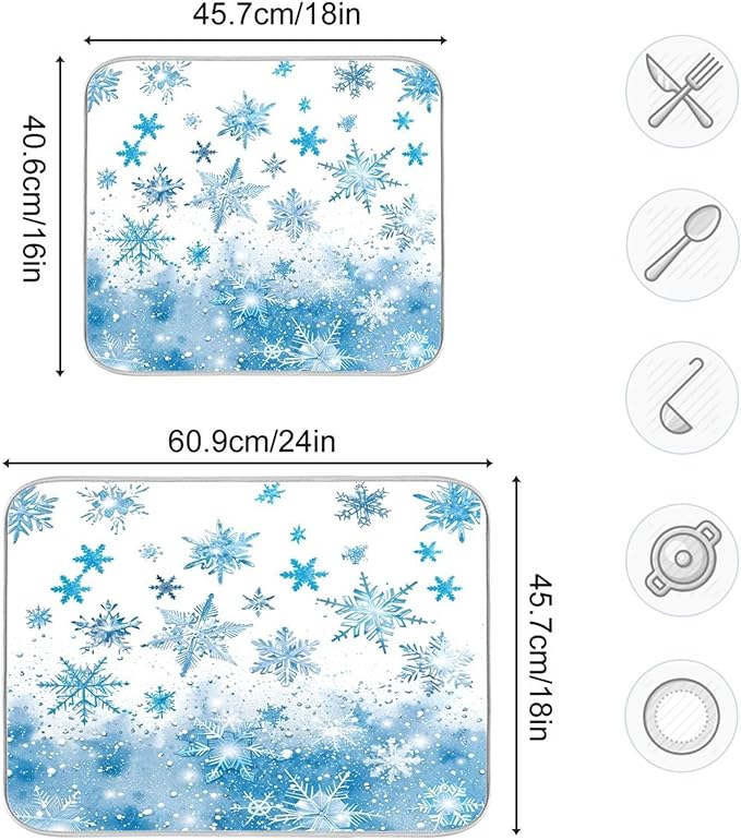 Winter Snowflake Blue Dish Drying Mat for Kitchen Countertop 18x24 Christmas Snowman White Xmas Large Drying Mat Reusable Quick Dry Dish Sink Mats Easy Clean Decorative Essentials