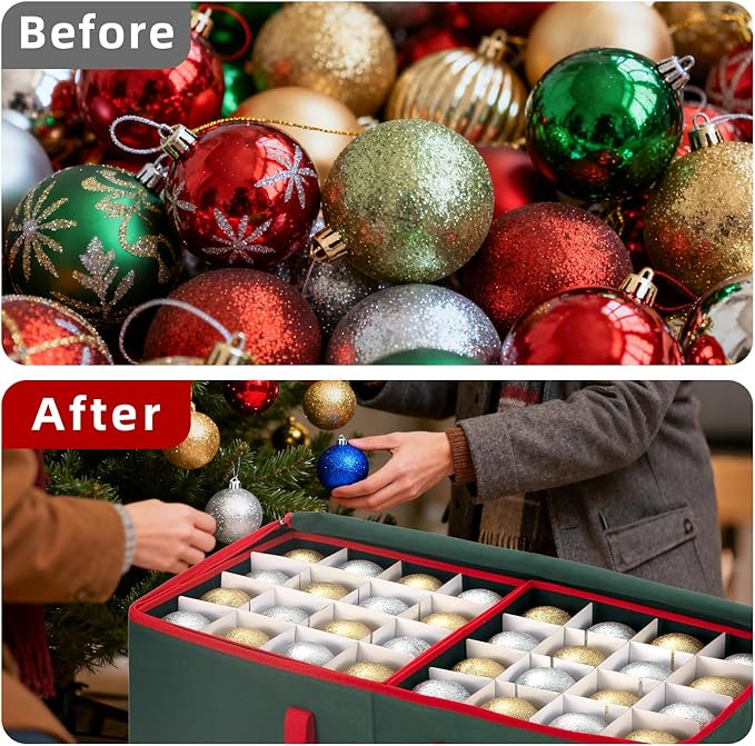 JY COOKMENT Christmas Ornament Storage Box with Adjustable Dividers and Side Pockets, Large Ornaments Storage Container Bin with Zippered Top for Xmas Decorations (128-3" Balls, Green, With Tray)