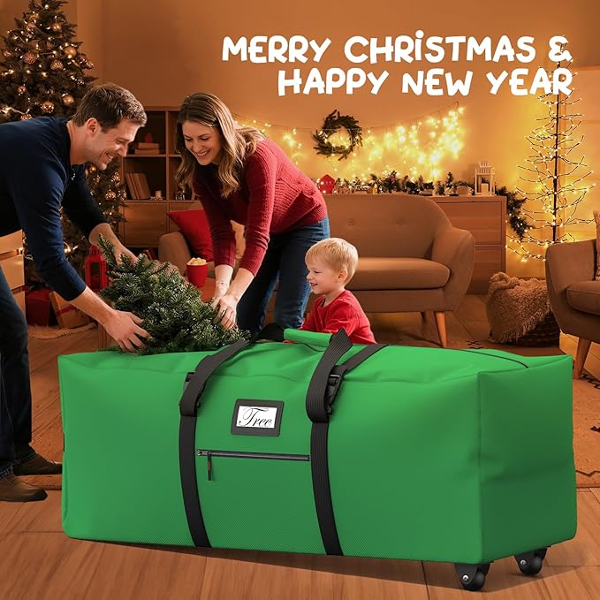 Mrrihand Christmas Tree Storage Bag, Large Artificial Anti-Tear Heavy-Duty 600D Oxford Cloth Xmax Christmas Tree Storage Box with Rolling Wheels, Christmas Tree Storage Container (Bright Green, 9Ft)
