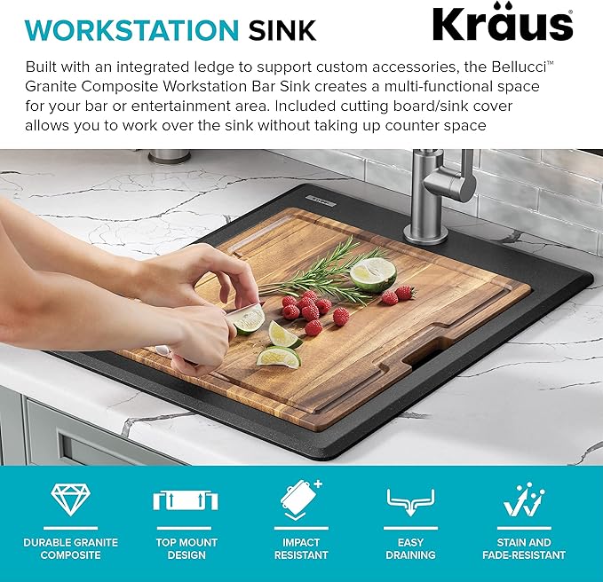 KRAUS Bellucci 18-inch Granite Workstation Drop In Top Mount Single Bowl Kitchen Sink in Metallic Grey with Accessories, KGTW12-18MGR