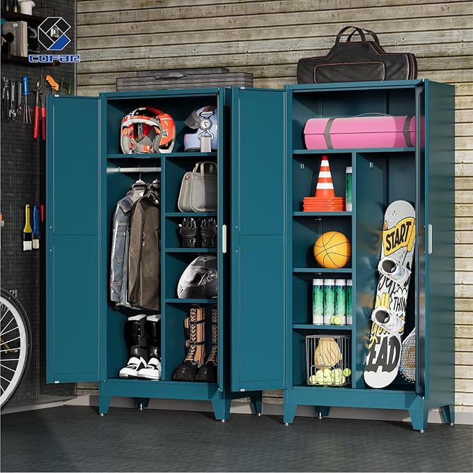 COFaR Metal Wardrobe Closet with Doors, 71'' Tall Steel Bedroom Armoire with Adjustable Hanging Rod and Shelves, Broom Closet Storage Cabinet for Garage Laundry Office, Farmhouse Peacock Blue