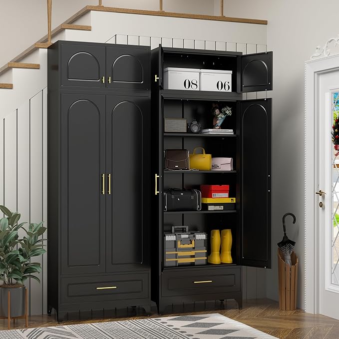 Metal Storage Cabinet with Drawer, 90" Tall Kitchen Pantry Storage Cabinets with Doors and Adjustable Shelves, Black Pantry Closet, Steel Large Cupboard, High Leveling Feet- Assembly Required