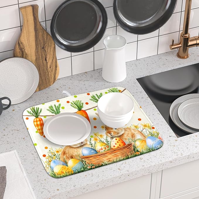 Giwawa Easter Bunny Dish Drying Mat Eggs Carrot Dishes Drainer Pad Absorbent Reversible Dish Rack Mat Protector for Kitchen Countertop 16x18 Inch