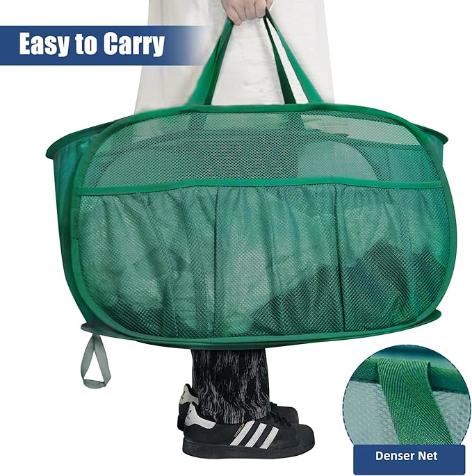 Collapsible Laundry Baskets, Upgrade Pop Up Laundry Hamper with Convenient Bags, Foldable Laundry Basket Mesh Light Weight, Easy to Carry Clothes Hampers for Laundry, Dorm, Toys, Travel Green