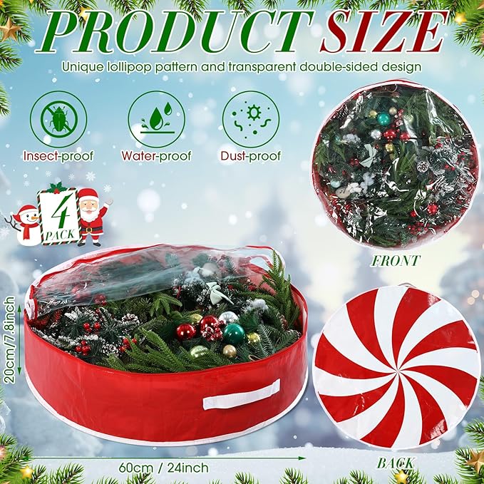 4 Pcs 24 Inch Christmas Wreath Storage Bag Candy Cane Wreath Storage Container Clear Window Dual Zipper Handle Red White Peppermint Garland Organizer for Holiday Decoration, Cute Lollipop