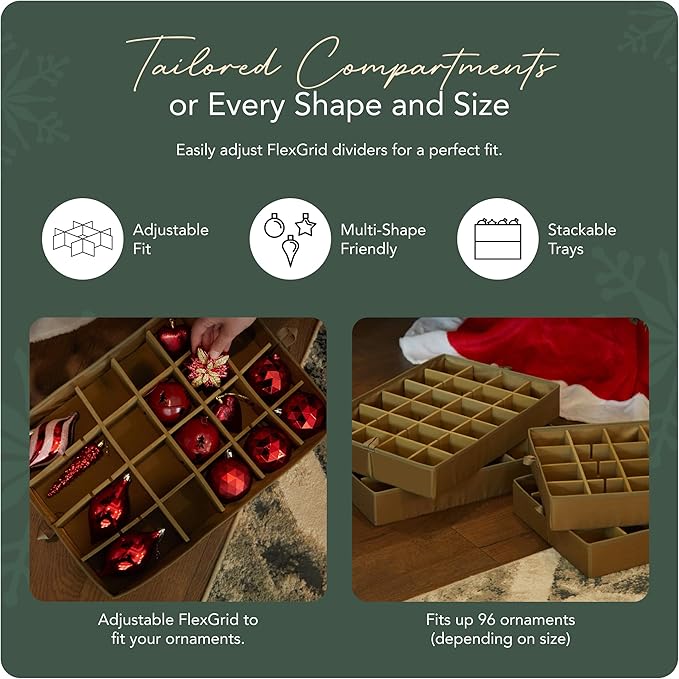Covermates Keepsakes Adjustable Ornament Storage Bag – Heavy-Duty Polyester, Padded Dividers & FlexGrid Trays – Protective Holiday Ornament Organizer with Handles & Label Window, Red Snowflake