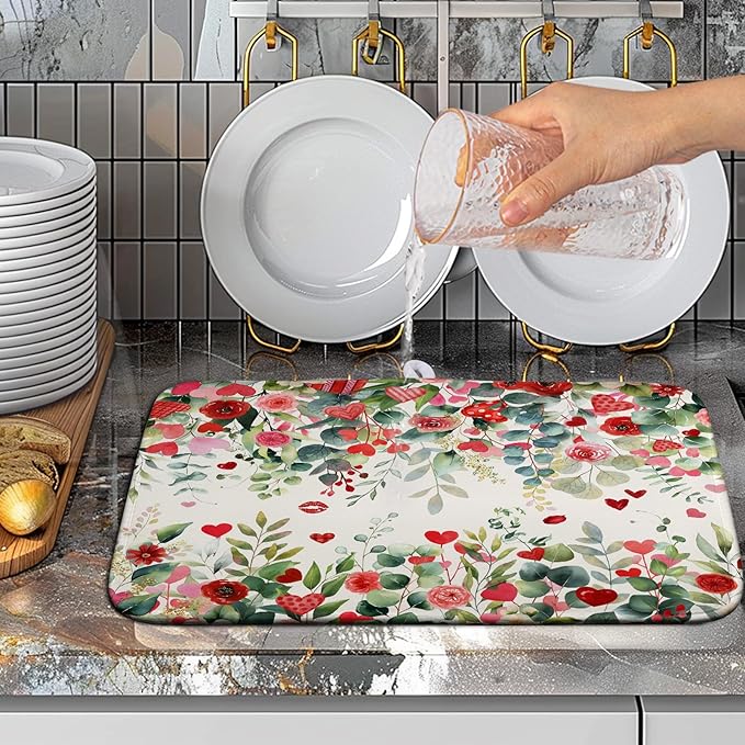 Wnoesat Valentine Dish Drying Mat for Kitchen Counter 16x18 Inch Valentines Love Heart Rose Eucalyptus Leaf Dishes Drying Pad Microfiber Absorbent Dish Draining Washable Dish Drainer Mat