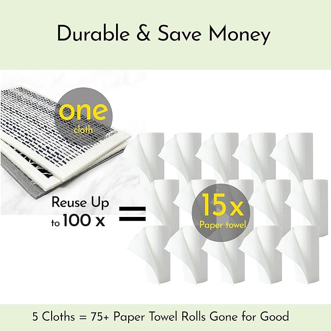 SIMPLYCASA Long 5‑Pack Swedish Dishcloths – Reusable, Cellulose Sponge Dish Cloths for Washing Dishes, Paper Towel Replacement, Plastic-Free Packaging, Super Absorbent