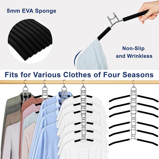 Clothes Hangers Space Saving, Newly Upgraded Detachable Shirt Hangers, 6-Tier Foldable Coat Hanger with 360° Swivel Hook for Closet Organizers and Storage Shirt,Sweater,Suit - 4 Pack, Patent Pending