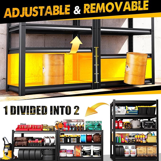 5-Tier 72”H Garage Shelving, Adjustable Garage Shelves, 3000 Lbs Storage Shelves Heavy Duty, Garage Shelf for Tool Organization, Storage Shelves for Basement, Warehouse, Black (72''H×59''W×19.8''D)