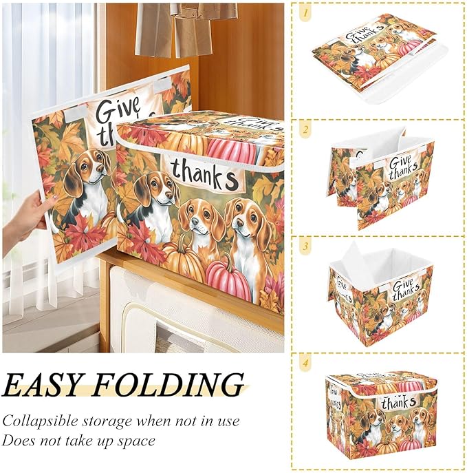 Bolaz Storage Bins with Lids and Handles,Dog Autumn Leaves Storage Box Basket with Cover Collapsible Organizer Containers for Home Closet, Shelves