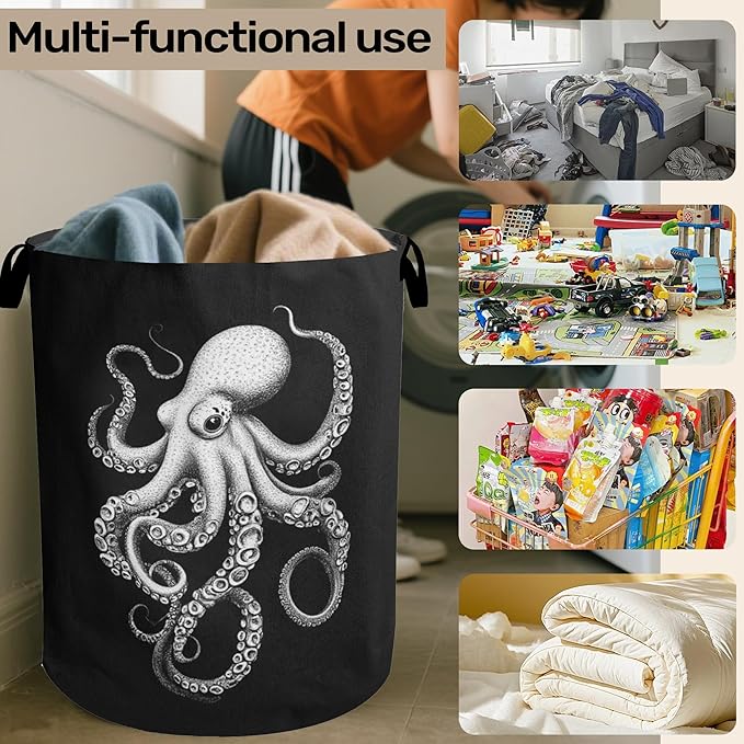Black Octopus Laundry Basket - Heavy Duty 60L Dirty Clothes Organizer, Water Resistant Foldable Hamper for Men Women