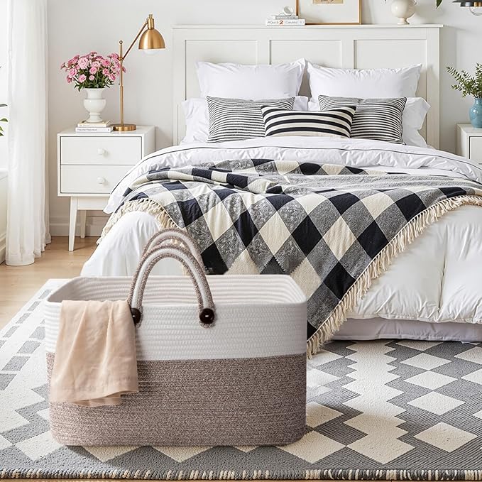 OIAHOMY 75L Large Blanket Basket, 22”x17”x12” Rectangle Woven Baskets For Storage, Nursery Blanket Storage Living Room, Toy Box With Long Handle-Gradient Brown With White