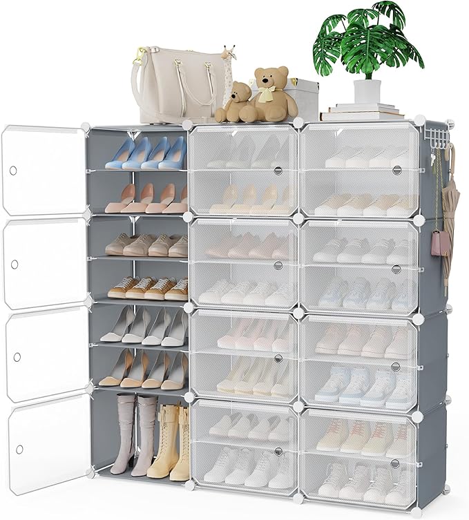 Portable Shoe Rack Organizer with Covers 48-Pair Shoe Storage Cabinet with Doors Stackable Shoes Rack Shoe Organizer for Closet Entryway FreeStanding Closed Shoe Rack Shoe Storage Shelf Cabinet