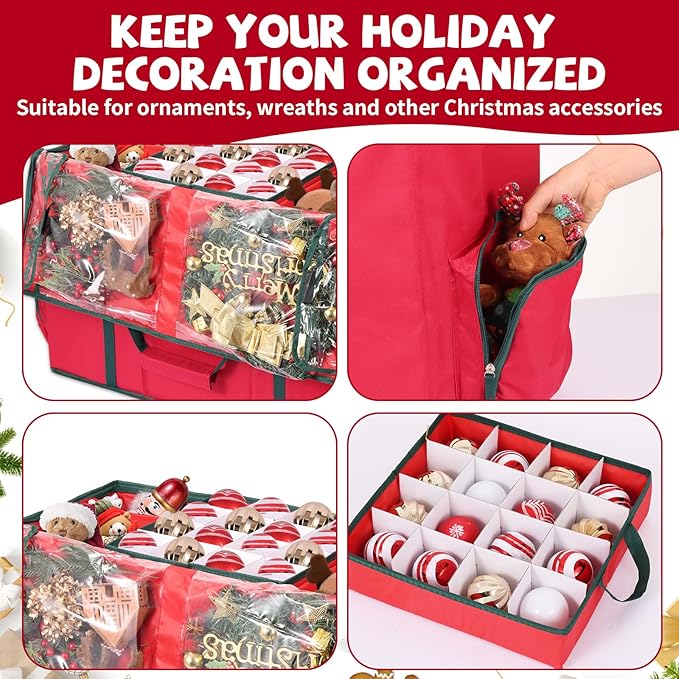 2-in-1 Christmas Ornament Storage Box & Xmas Figurine Container with Dual Zipper Closure Adjustable Dividers and Removable Trays Premium Christmas Ornament Storage Container, Red