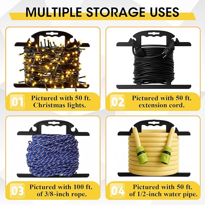Ripeng 4 Pcs ABS Heavy Duty Extension Cord Storage Reel, Portable Christmas Light Storage Cord Organizer, Portable Hose Organizer Wrap-holds 100 Feet, H-shape Reel (Black)