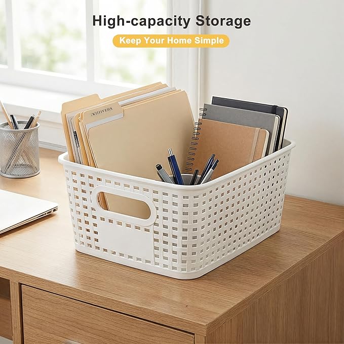 AREYZIN Small Plastic Storage Bins with Lids, 6-Pack Stackable Pantry Organizers and Storage Containers for Shelves, Closet Organization, Drawer Organizer Bins,White & yellow lids