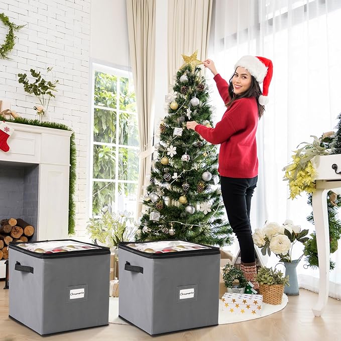 CHENGU 2-pack Christmas Ornament Storage Stores up to 64 Christmas Ball Accessories Holder with Adjustable Dividers, Zippered Closure Two Handles for Holiday Ornaments and Xmas Decorations(Grey)