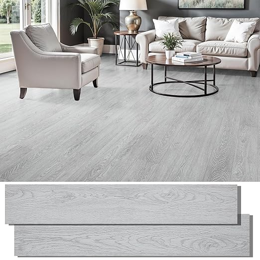 Peel and Stick Floor Tile, INMOZATA Self Adhesive Vinyl Plank Flooring Tile Wood Grain Look 36-Pack 54 Sq.Ft Waterproof Tile Sticker for Bedroom, Living Room, Kitchen, RV (Light Gray)