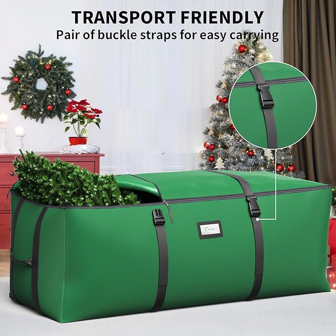 7.5Ft Christmas Tree Storage Bag, Fit up to Artificial Xmas Trees, with Double Zipper & Buckle Straps, Handles for Easy Carry, 600D Oxford Fabric Waterproof and Dustproof. (Green)