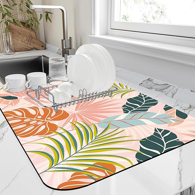 Dish Drying Mat Boho Foliage Botanical Leaves Floral Kitchen Mat 16"x24" Bsorbent Coffee Maker Mat for Dishes Utensils Coffee Maker Pots and Pans Easy Clean Dish Slip Resistant Pad