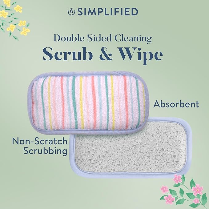 Simplified 5-Pack Scrub & Wipe 2-in-1 Dishwashing Sponges - Non-Abrasive Cleaning Sponges, Double-Sided - Safe for Dishes, Non-Stick Pans or Glassware, Absorbent Dish Sponges, Rainbow Stripe