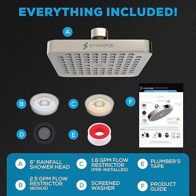 SparkPod Shower Head - High Pressure Rain - Premium Quality Luxury Design - 1-Min Install - Easy Clean Adjustable Replacement for Your Bathroom Shower Heads (Elegant Brushed Nickel, 6 Inch Square)