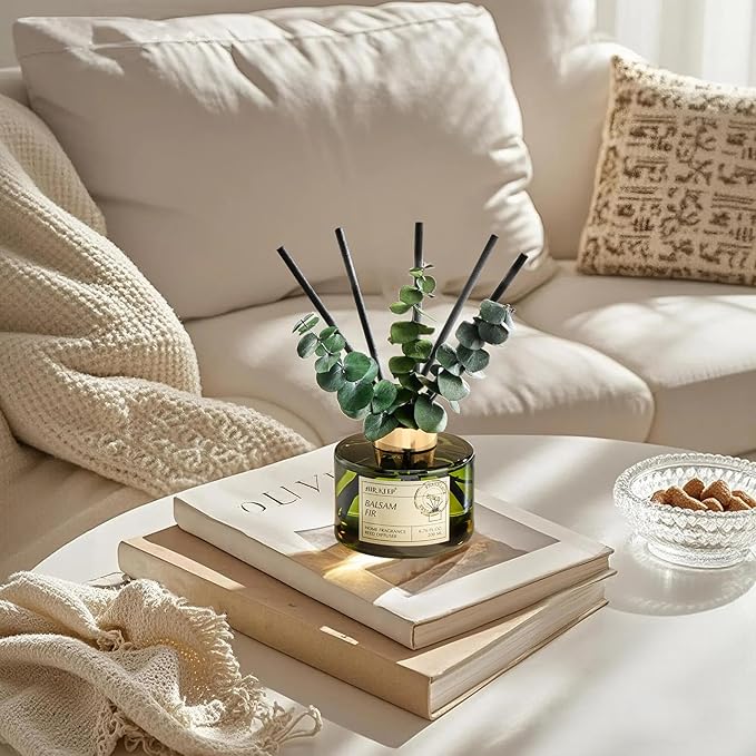 Airkeep Reed Diffuser Set with 6.76 fl oz Balsam Fir Scent Essential Oils and 3 Leaves & 8 Diffuser Sticks,Bathroom Shelf Decor & Air Freshener, House Bedroom Office Decor & Gifts