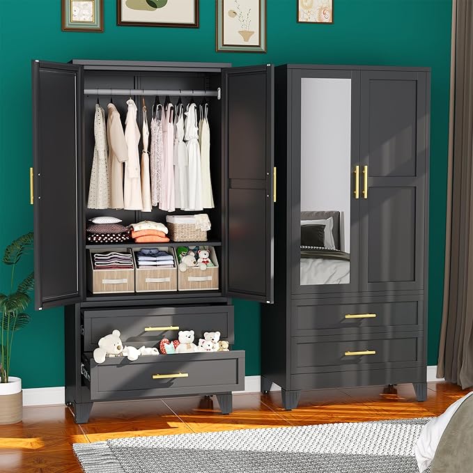 Metal Armoire Wardrobe Closet, 71 "Metal Clothing Storage Cabinet with Mirror and Adjustable Shelves, Household Steel Wardrobe Storage Cabinet with 2 Drawers and Hanging Rod(Armoire-Black)