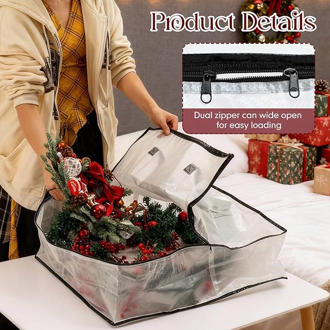 24 Pack Wreath Storage Bag Christmas Decoration Garland Container, 25.6 Inch Large Clear Door Wreath Organizers, Moving Boxes, Packing Supplies for College