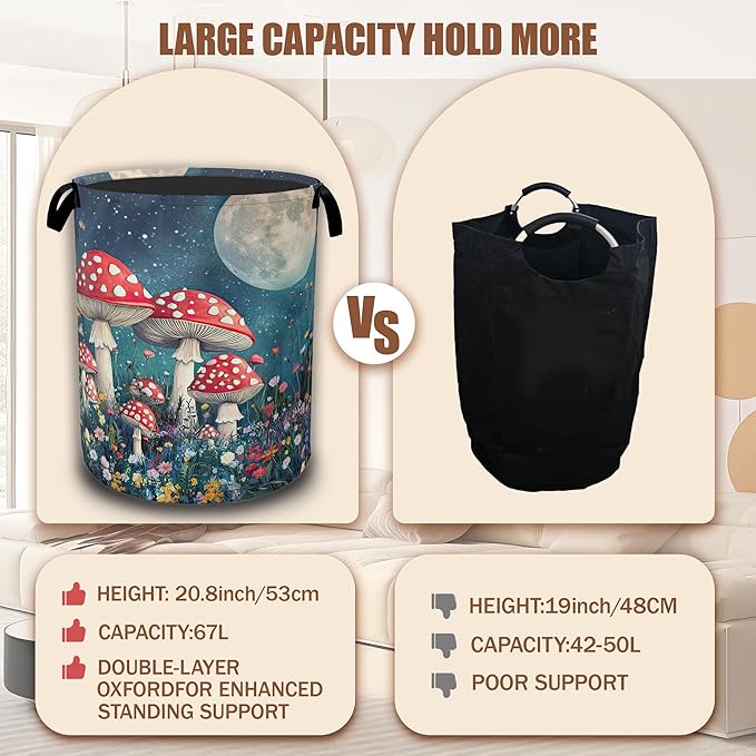 Groovy Mushroom Laundry Basket,Night Sky Moon Collapsible Laundry Hamper Waterproof Oxford Cloth With Handles, Clothes Storage Bucket Toy Organizer For Bathroom/Nursery/Bedroom 16" x 20.8"