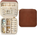 Genuine Leather Travel Jewelry Case Organizer with Mirror for Women, Small Jewelry Box Portable Mini Jewelry Case for Earring, Ring, Necklace, Bracelet（Milled Leather Brown）