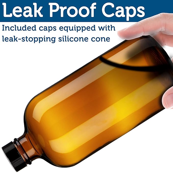 Sally's Organics Empty Amber Glass Spray Bottle - Large 16 oz Refillable Container for Essential Oils, Cleaning Products, or Aromatherapy - Black Trigger Sprayer w/Mist and Stream Settings - 6 Pack