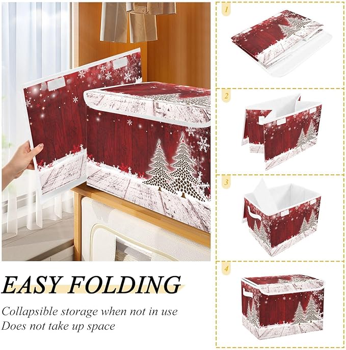 senya Christmas Storage Baskets Collapsible Bins with Lids, Christmas Coffee Tree Red Wooden Storage Boxes Clothes Baskets for Organizing