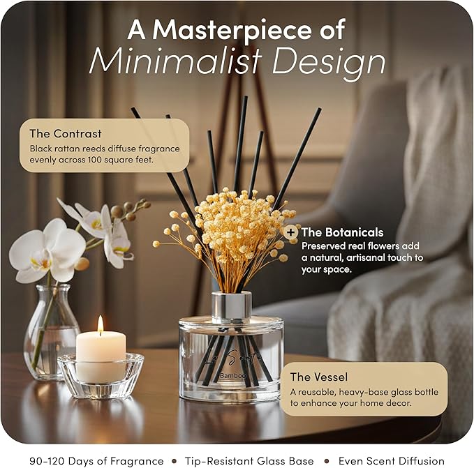Reed Diffuser Set (6.7fl oz), Natural Bamboo Essential Oil Fragrance with Glass Bottle, Black Rattan Sticks & Preserved Flowers, Up to 120 Days Lasting Fragrance for Home & Office