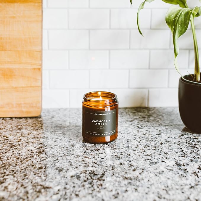 Calyan Wax Co. Oakmoss & Amber Scented Candle - 57 Hour Burn - Luxury Non Toxic Soy Wax Candles - Long Lasting Amber Glass Jar Candle for Home - 7.2oz