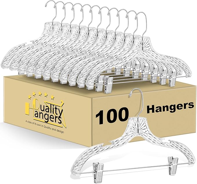 Quality Clear Plastic Skirt Hangers - 100 Pack Crystal Cut for Skirt, Pant, Dress, Suit, Coat Hangers Heavy Duty & Nonslip Design Adjustable Clips, Swivel Hook, 17" inch (100, Crystal Skirt)
