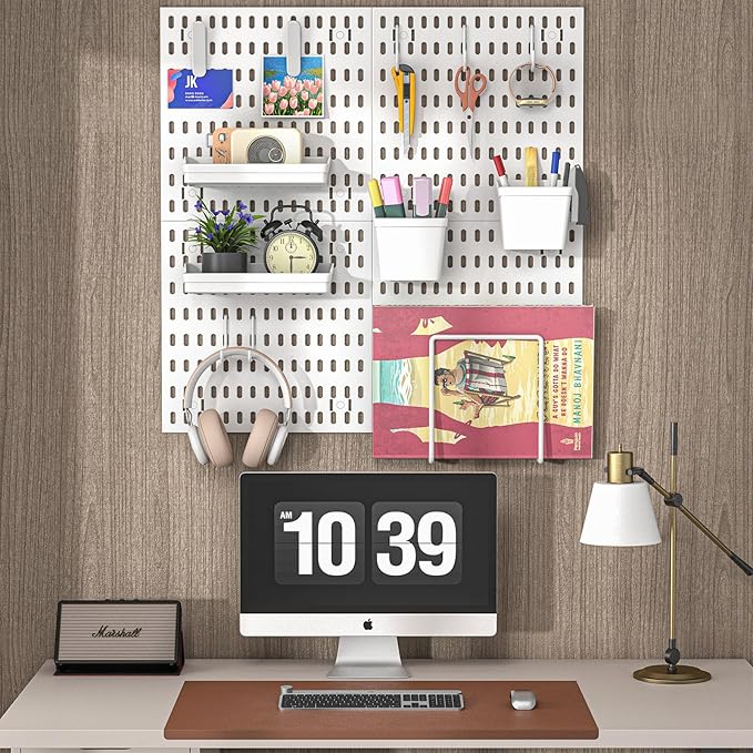 AKTOP Peg Board Wall Organizer 4-Pack – 12"x12" Plastic Pegboard Panels for Walls, White Desk Wall Mount Peg Board for Home, Office, Garage Tool Storage & Craft Room