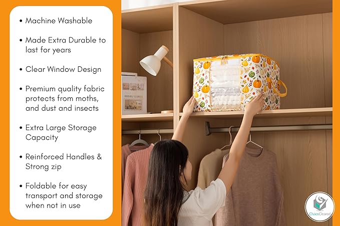 Canvas Storage Bags Designer Organizer 2 Pack – Seasonal Storage for Sweaters, Blankets, Linens & Garments – Foldable Design with Zip & Window, Moth-Proof Space Saver, Pumpkin Print