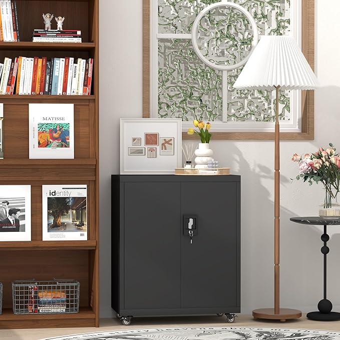 31.5''H Metal Storage Cabinets with Lock, Metal Garage Storage Cabinet on Wheels, Lockable Rolling Tool Chest Cabinet with Doors & Adjustable Shelves for Garage, Home, Office, Assembly Required