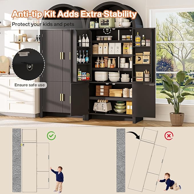 71" Tall Arched Pantry Cabinet, Arched Fluted Kitchen Storage Cabinet with Doors and Adjustable Shelves, Modern Black Cupboard Organizer for Kitchen, Dining Room, Living Room